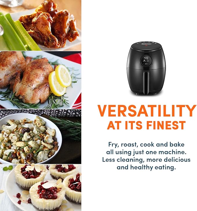 Elite Gourmet EAF-2612DX Personal 2.1Qt Compact Space Saving Programmable Hot Air Fryer, Oil-Less Healthy Cooker, Timer & Temperature Controls, 1000W, Black