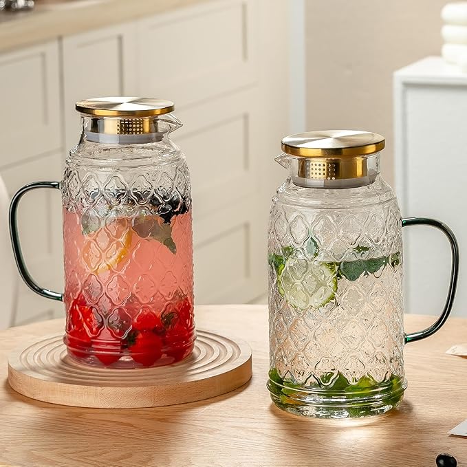 Buaic Glass Pitcher with Lid, 2 PACK 84 oz/2.5L Liter Vintage Water Pitcher, Clear Borosilicate Glass Water Carafe for Cold Brew, Coffee, Lemonade, Iced Tea,Beverage, Heat Resistant