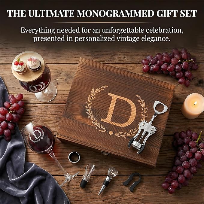 GZLDGIFTS Personalized Initial Wine Glasses Box Gift Set For Women Mom Engraved Birthday Monogrammed Wooden Christmas Gifts Wedding Anniversary Wine Couples Stopper Opener Initial Letterr (C Set)