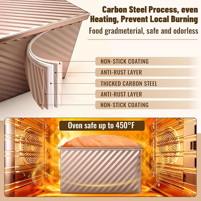 3 Pack Pullman Loaf Pans with Lids, 2.2LB 1LB 0.5LB Bread Pans, Non-stick Carbon Steel Bread Pans for Homemade Sandwich and Baking Sourdough Bread, Corrugated Toast Mold, Golden