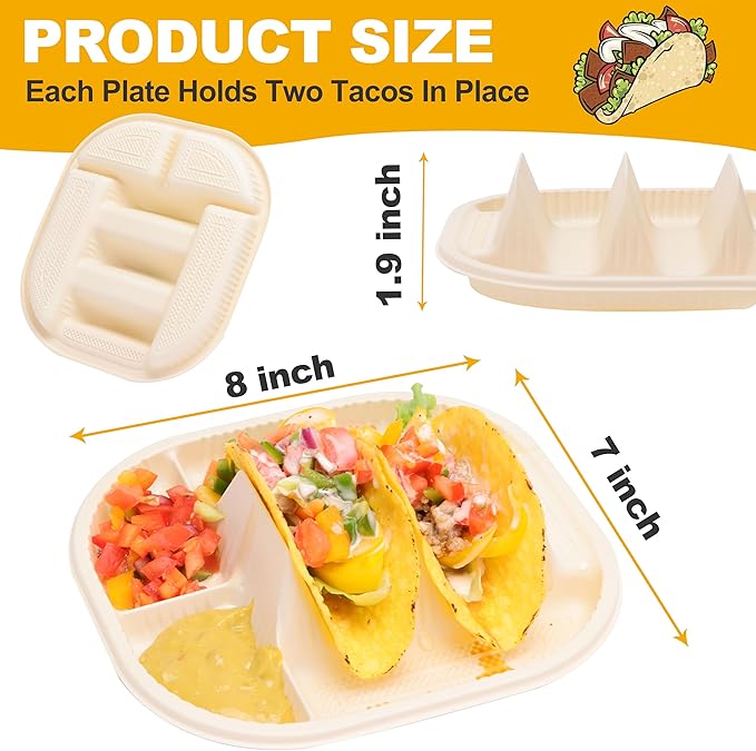 Small Disposable Taco Plates With Dipping Sides - 20 Pack, Biodegradable Cornstarch Taco Holder, Mini Size Fit 4-6 Inch Street Tortilla Shells, Sturdy & Microwave Safe, Bar Serving Set For A Party