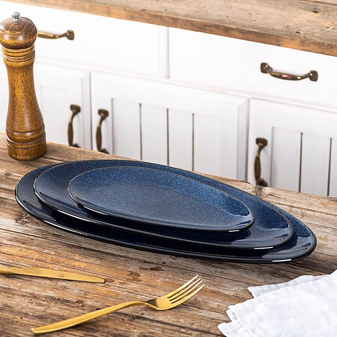 vicrays Large Oval Serving Platters, 16"/14"/10" Porcelain Serving Platters for Party, BBQ,Stackable Serving Trays Serving Plates for Appetizers, Sushi, Restaurant, Dessert, Set of 3 (Blue)
