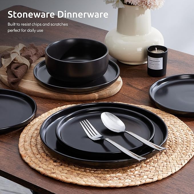 E-far Stoneware Dinnerware Sets for 8, 24-Piece Plates and Bowls Set, Modern Ceramic Dishes Dinning Ware, Microwave & Dishwasher Safe - Matte Black
