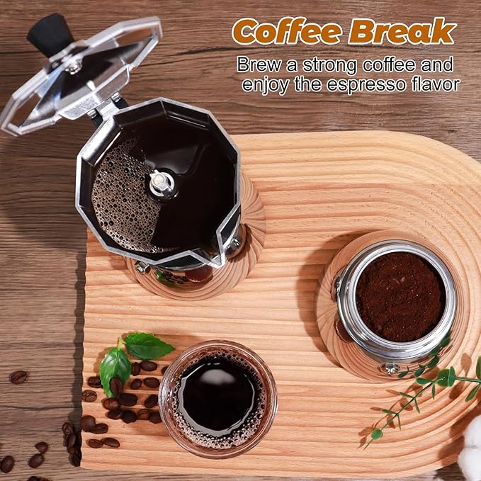 No Coating 6 Cup Aluminum and Stainless Steel Moka Pot Stovetop Espresso Maker Italian Coffee Machine 350ml 11.84oz Suitable for Gas Induction Stovetop Greca Coffee Maker Percolator Black