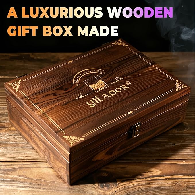 Electric Whiskey Smoker Kit, Luxurious Wooden Box, with 4 Wood Chips, Torch, Ice Molds, 2 Glasses, Stones, Old Fashioned Bourbon Cocktail Smoker Infuser Kit, Whiskey Gifts for Men, Husband (No Butane)