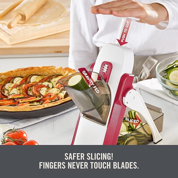 Zakarian by Dash Safe Slice® Mandoline - Features Thickness Adjuster, Stainless Steel Blades, and Foldable, Easy-To-Store Design - Cranberry