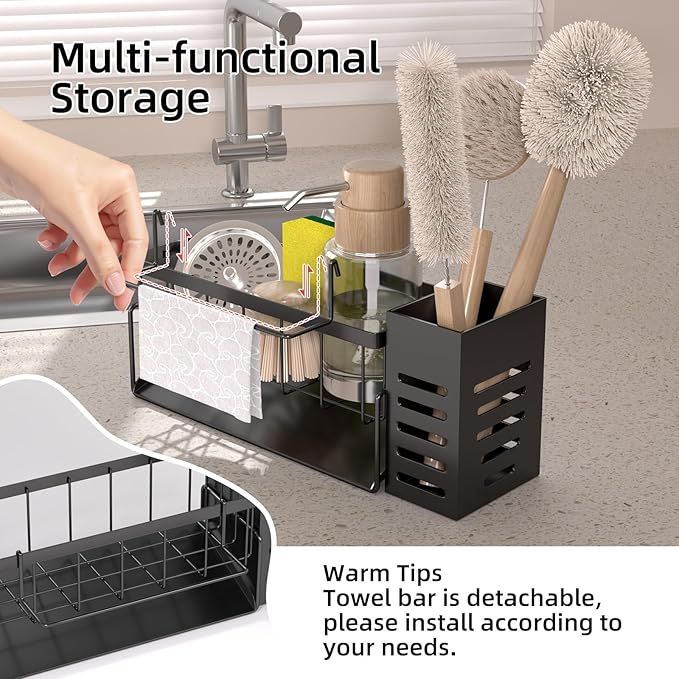Kitchen Caddy Sink Organizer,Sponge Holder with Dish Brush Holder,Sponge Caddy Soap Dispenser Storage,304 Stainless Steel Kitchen Sink Accessories Over the Sink Shelf
