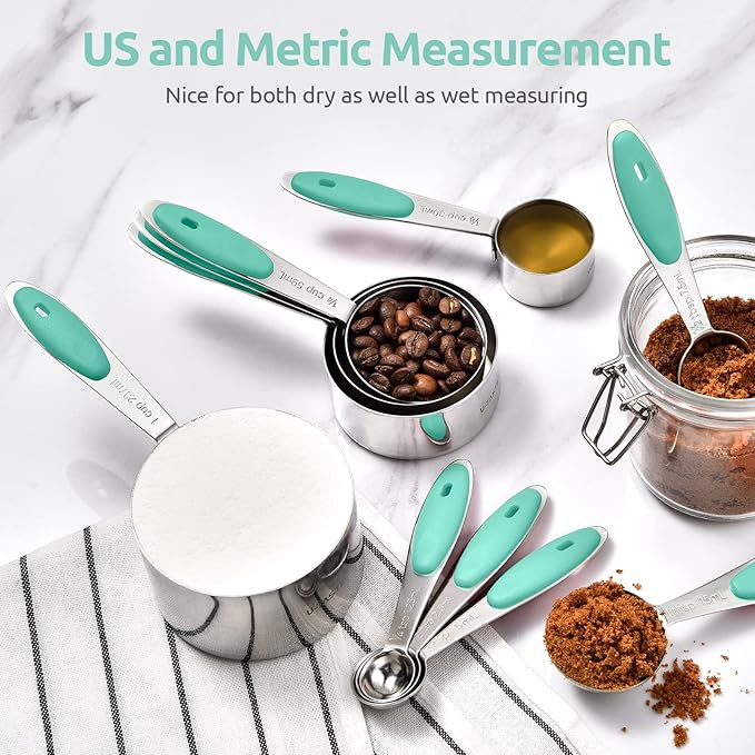 Measuring Cups and Spoons Set: U-Taste 18/8 Stainless Steel 10 Pieces Metal Stacking Kitchen Baking Cooking Food Measure Set 5 Cups 5 Spoons with Strengthened Weld Joints (Aqua Sky, Upgraded Version)