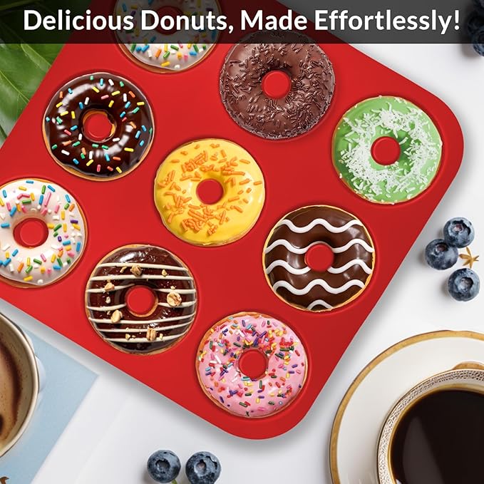 Large Silicone Donut Pan for Baking, 9 Cavity Non-Stick Food Grade Silicone Donut Molds, Doughnut Pan and Bagel Pans for Baking & Kitchen, BPA Free 11.2 x 11.1 Inches, Dishwasher Safe - Bright Red