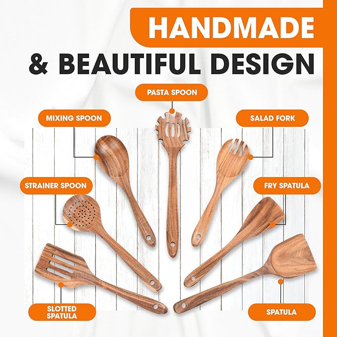 Cheer Collection Wooden Utensil Set - 7 Piece Cooking Utensils, Teak Wooden Spoons & Spatulas for Cooking, Heat Resistant, Non-Stick, and Safe Wooden Cooking Utensils