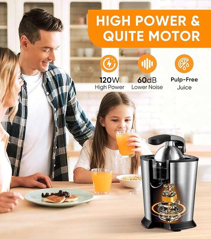 Electric Orange Juicer, Citrus Juicer Squeezer with 2 Cones and Soft Grip Handle for Effortless Juicing, Stainless Steel Quiet Orange Juice Extractor Machines for Lime Grapefruit Lemon