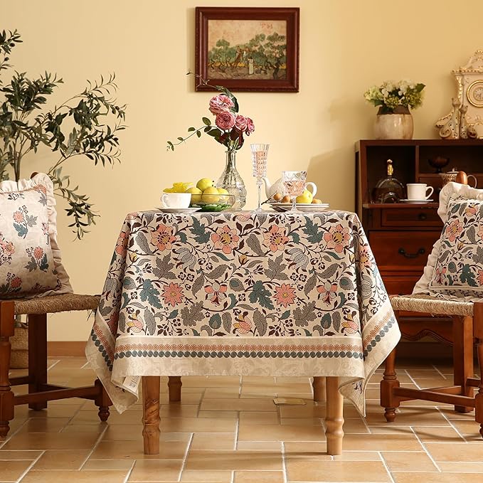 ISAENNE Designer Boho Floral Small Square Tablecloth,Linen Lotus Flower Pattern Colorful Indoor Table Cloth,Durable Decor Tablecloths for Dining Thanksgiving Kitchen Christmas,55"*55"-Hazel A