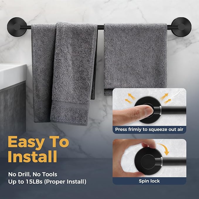 14.6inch~24inch Towel Racks for Bathroom,Adjustable Suction Cup Towel Bar for Bathroom Wall,Stainless Steel Bath Towel Holder for Shower(Matte Black)