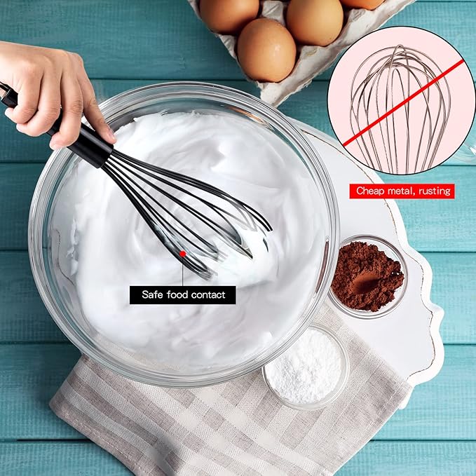 TEEVEA Silicone Whisk Set of 3 Non Scratch Non Stick Silicone Coated Stainless Steel Wire Whisks Heat Resistant 480°F Kitchen Wisk for Cooking Blending Whisking Tool Black
