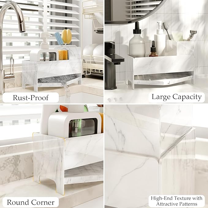 Sponge Holder for Kitchen Sink, Acrylic Sink Caddy Organizer with Removable Brush Holder, Countertop Soap Dispenser Organizer with Marble Texture, Kitchen Organizers Storage, White