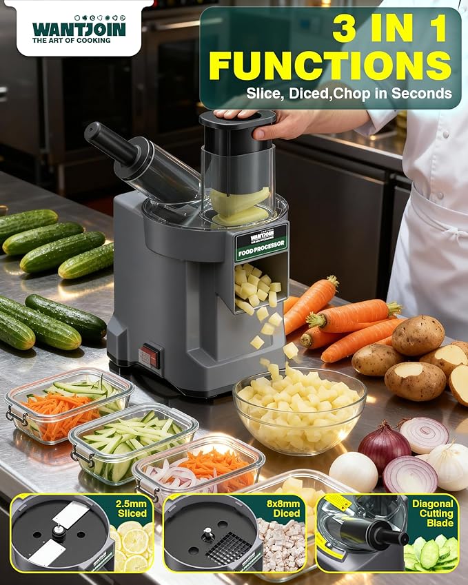 WantJoin 3 in 1 Electric Vegetable Chopper - Multifunctional Commercial Vegetable Dicer Food Fruit Processor Stainless Steel Blades for Slicing(2.5mm)
