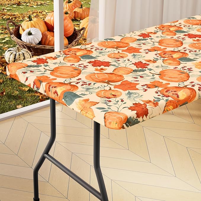 homing Rectangle Table Cloth Cover, Waterproof Polyester Elastic Fitted Tablecloth, Fits for 6 Foot Folding Tables, Washable Table Protector for Fall, Thanksgiving (Pumpkin Vine, 30" x 72")