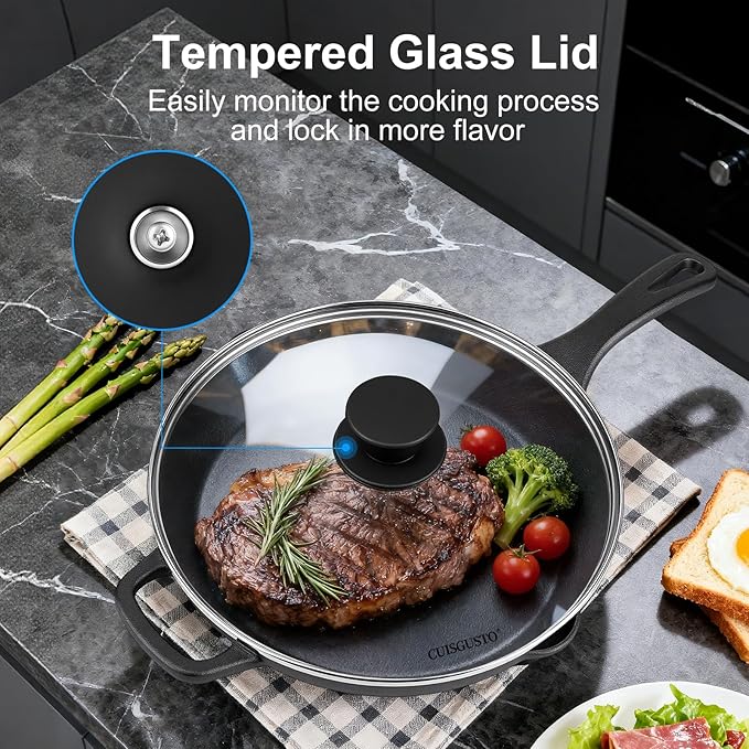 8 Inch Cast Iron Skillet with Tempered Glass Lid, Pre-Seasoned, Even Heat Distribution, Silicone Handle Cover & Pan Scraper, Ideal for Breakfast & Everyday Cooking