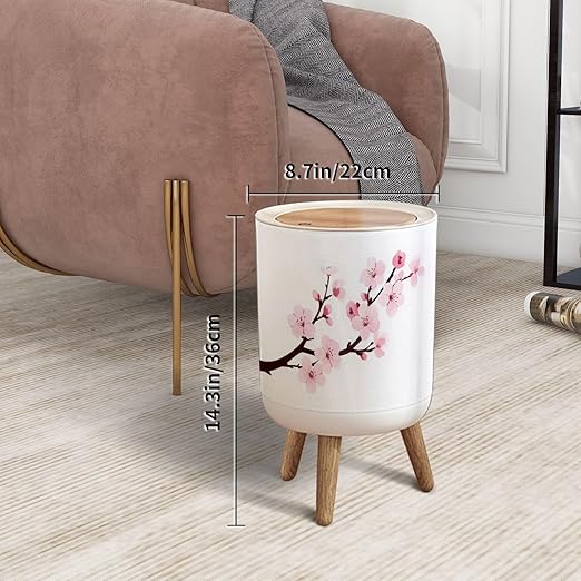 Trash Can with Lid Cherry Blossom Spring Flower Japan Press Top Round Small Garbage Bin with Wooden Legs Waste Basket for Kitchen Bedroom Nursery 7L/1.8 Gallon