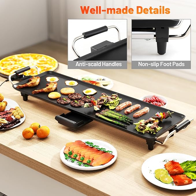 27” Electric Griddle, Extra Large Nonstick Teppanyaki Grill with Adjustable Temperature, Drip Tray & Insulated Handles, Easy-to-clean Pancake Griddle, BBQ Grill for Indoor Outdoor & Party