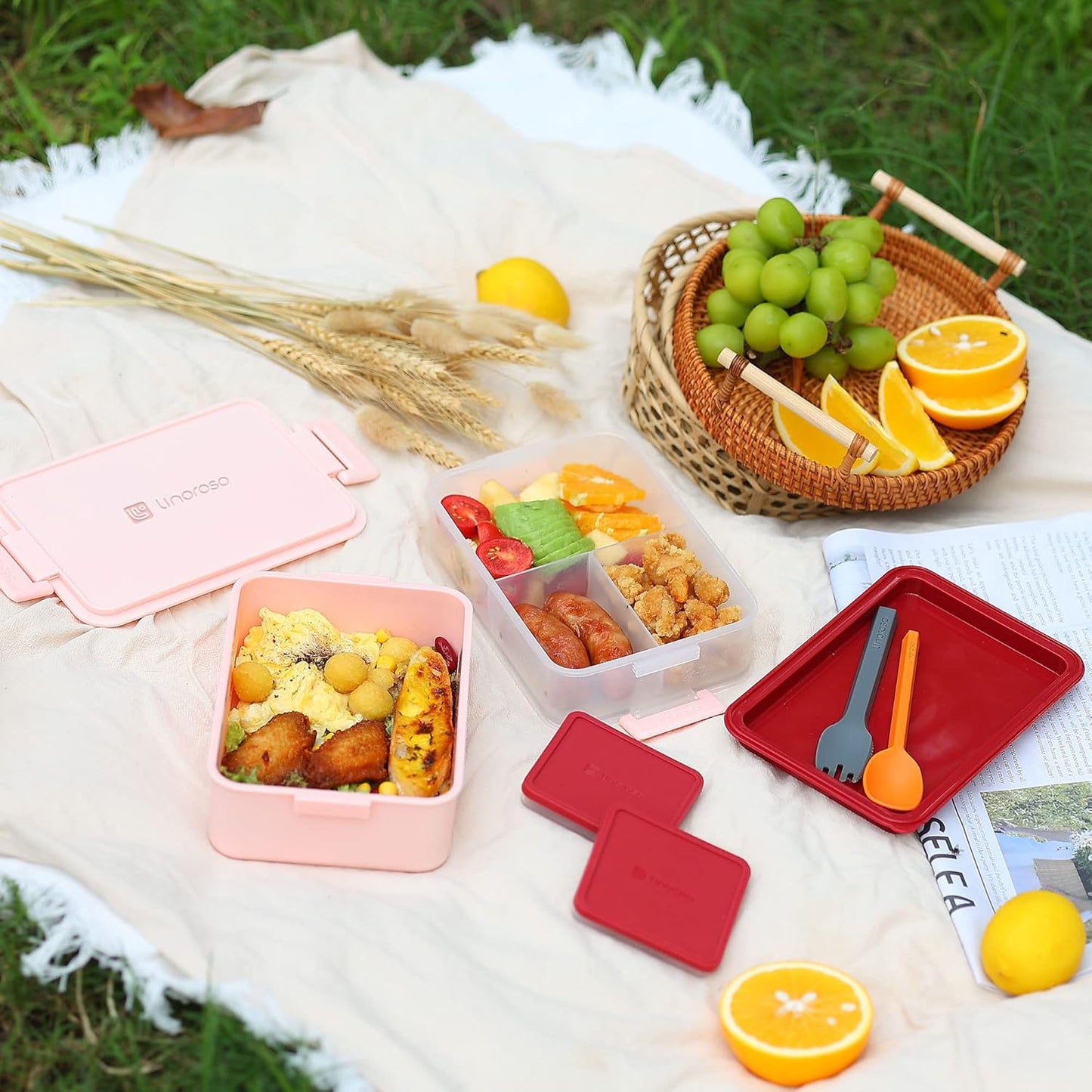 linoroso Stackable Bento Box Adult Lunch Box | Meet All You On-the-Go Needs for Food, Salad and Snack Box, Premium Bento Lunch Box for Adults Include Utensil Set, Dressing Containers - Frozen Berry