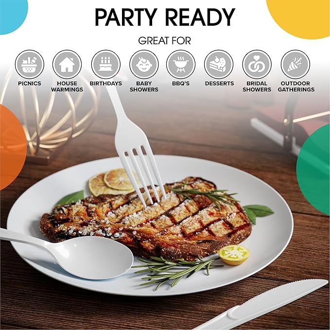 Party Solids White Plastic Silverware Heavy Duty 300 Pieces White Plastic Cutlery Sets, Utensil Sets, 100 Of Each Forks, Knives & Spoons Disposable Cutlery Set, Flatware Set For Party Supplies