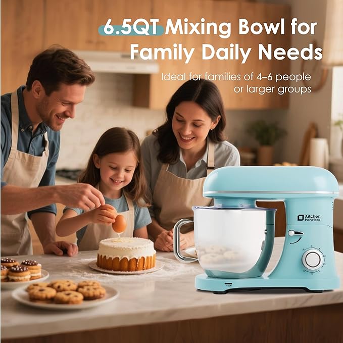 Kitchen in the box Stand Mixer - 6.5 Quart Mixing Bowl with Handle, 900 Watt Heavy Bread Dough Standing Mixers Tilt-head with Dough Hook, Whisk, Flat Beater and Splash Guard (Blue)