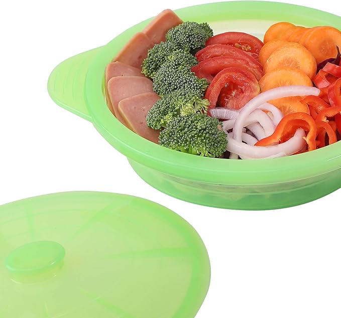 Microwave Steamer Cooker Collapsible Bowl Silicone Cookware Baked Potato with Handle Lid for Vegetables Fish Prep Meal Food with Removable Rack BPA Free Easy to Store Freezer Dishwasher Safe Green