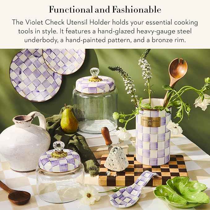 MACKENZIE-CHILDS Enamel Utensil Holder, Stylish Kitchen Countertop Organizer, Purple-and-White Violet Check