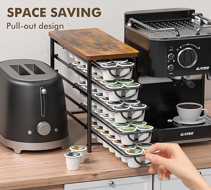 HFHOME Coffee Pod Holder with Wooden Top, Compatible with K-Cups, 5-Tier Coffee Capsule Storage Drawer, 70 Capacity Pods Organizer with 3 Mug Holders, for Home, Office, Kitchen Counter, Black
