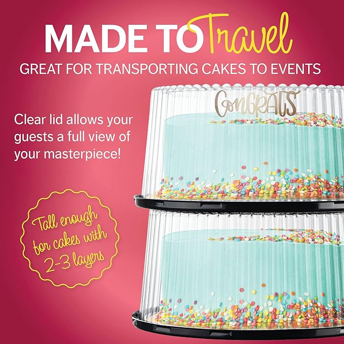 9" Plastic Disposable Cake Containers Carriers with Dome Lids and Cake Boards | 3 Round Cake Carriers for Transport | Clear Bundt Cake Boxes/Cover | 2-3 Layer Cake Holder Display Containers