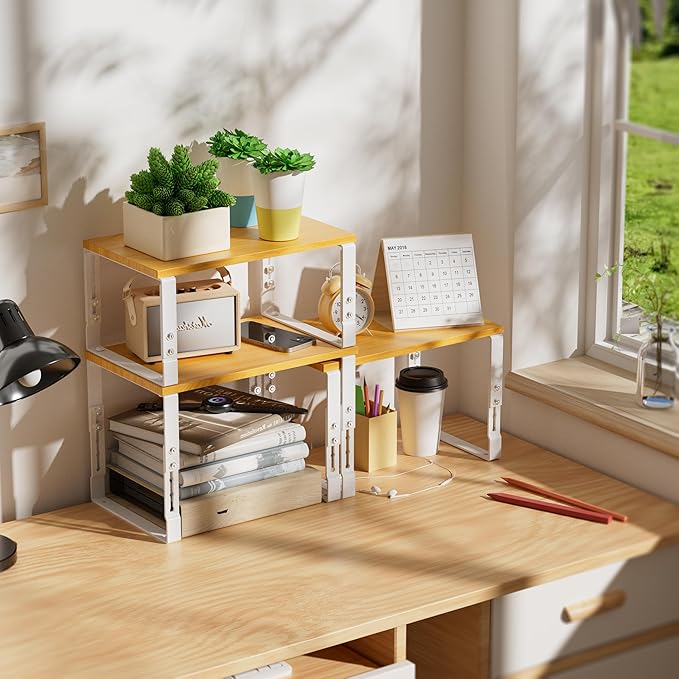 Kitchen Cabinet Organization Shelf，Set of 2 Height Adjustable Storage Racks，Stackable，Expandable，Countertop Shelves Organizer，Pantry Shelving(1PACK/Large/White)