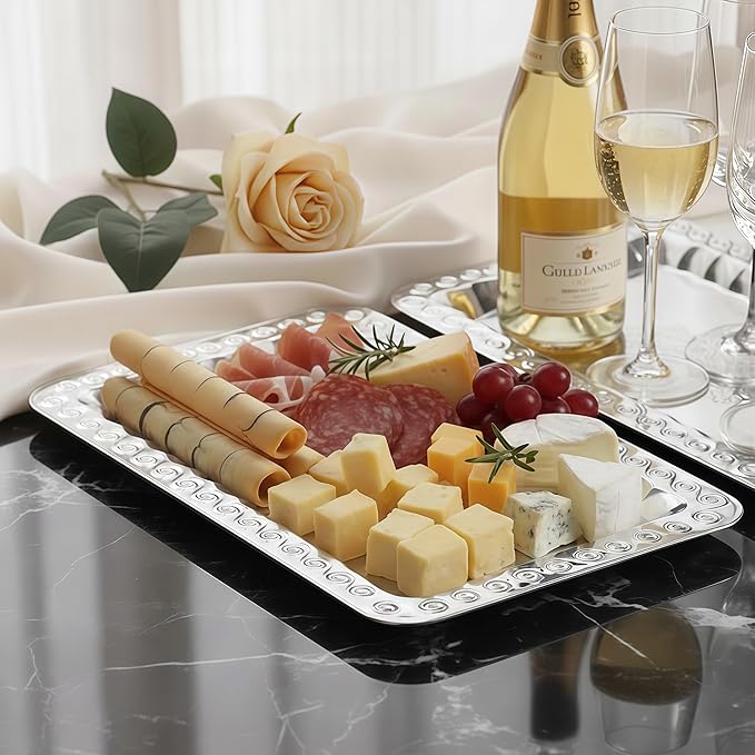 6-Pack Silver Serving Trays Set (14" x 9") – Swirl Floral Engraved Serving Platters for Parties, Weddings, Birthdays, Festive Occasions – Mirror Trays for Charcuterie, Cookies, Desserts, Snacks, Fruit