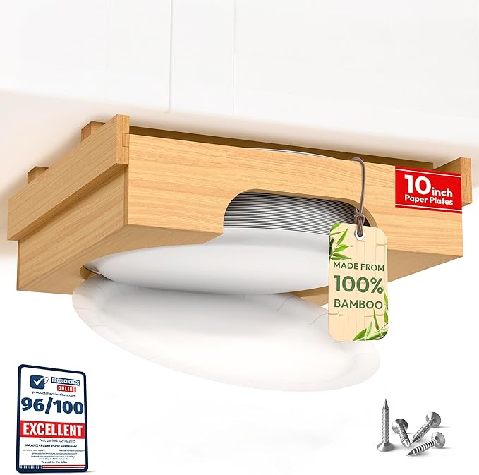 10 inch Paper Plate Dispenser Holder Bamboo Under Cabinet Vertical Rack for Kitchen Countertop Organizer Space Saver Shelf Lid Holder Counter Storage Can Dispenser Pantry Aid Caddy Estante wood