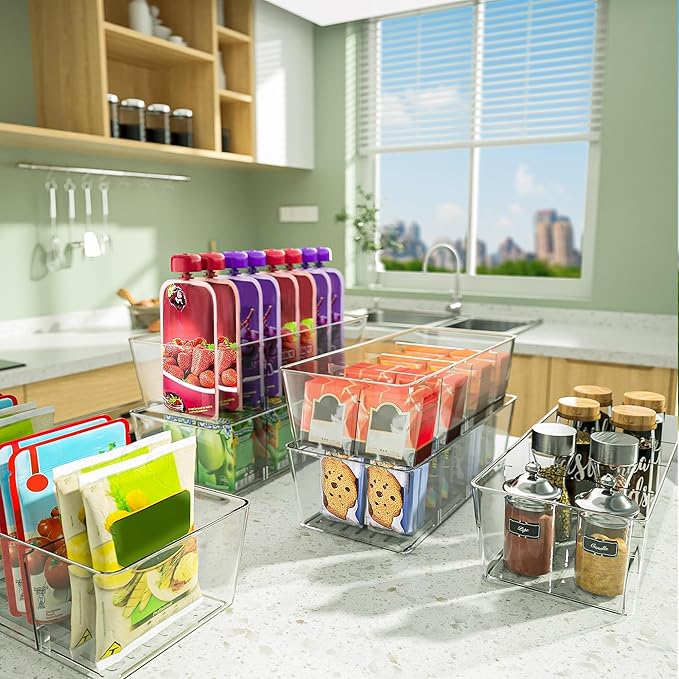 BALEINE Pantry Organizers and Storage Bins, Plastic Clear Storage Bins with 3 Removable Dividers, BPA-Free Fridge Organizers for Kitchen Cabinet Bathroom (10.5x6.1x3.5, 4PK)