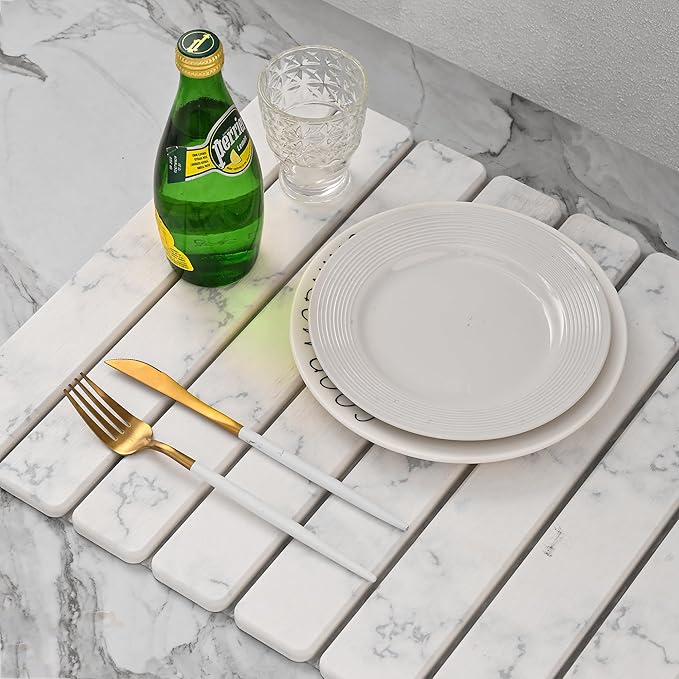 Large Stone Drying Mat for Kitchen Counter, 24''L x 16''W Diatomaceous Earth Collapsible Dish Drying Mat, Quick Drying Mat, Glasses and Flatware, Matches Any Countertop (Veined-A, 24" x 16")