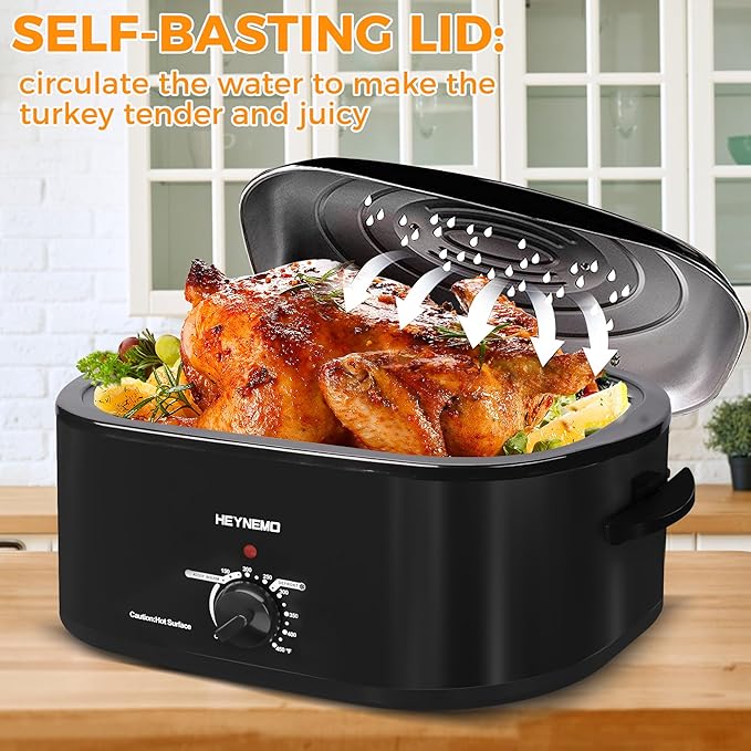 20Qt Roaster Oven Buffet with Self-Basting Lid, 1450W Stainless Steel Electric Turkey Roaster Oven with Cool-Touch Handles, Removable Pan and Rack, Black