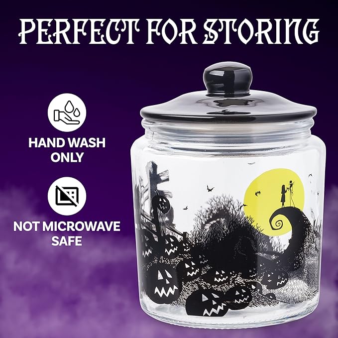 Silver Buffalo Disney Tim Burton Nightmare Before Christmas Moon Hill Graveyard Scene Jack Skellington and Sally Glass Cookie Snack Candy Jar with Lid (Small)