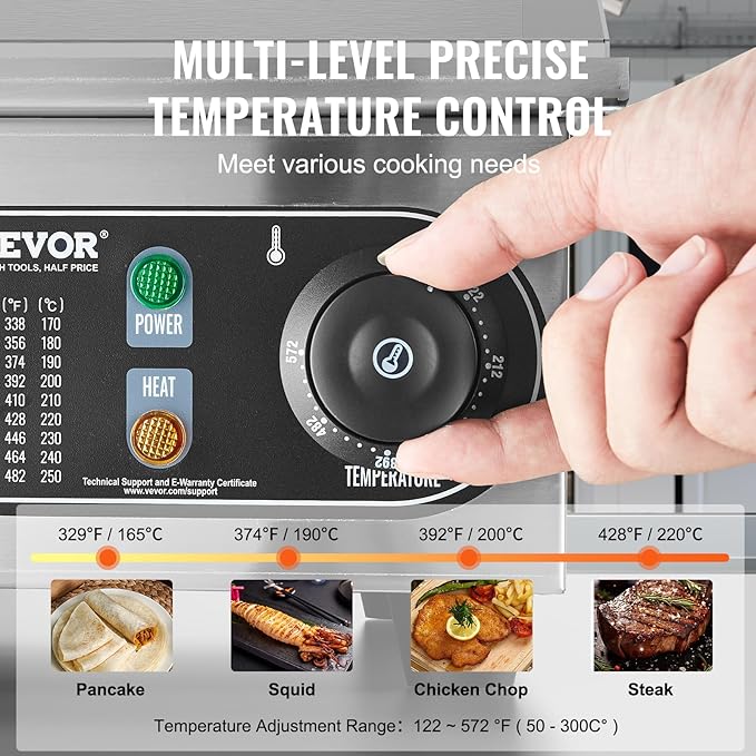 VEVOR Commercial Electric Griddle, 1700W Countertop Flat Top Grill, 18in Stainless Steel Griddle Grill with 2 Shovels and 2 Brushes for Home or Restaurant, 122℉-572 ℉ Adjustable Temp