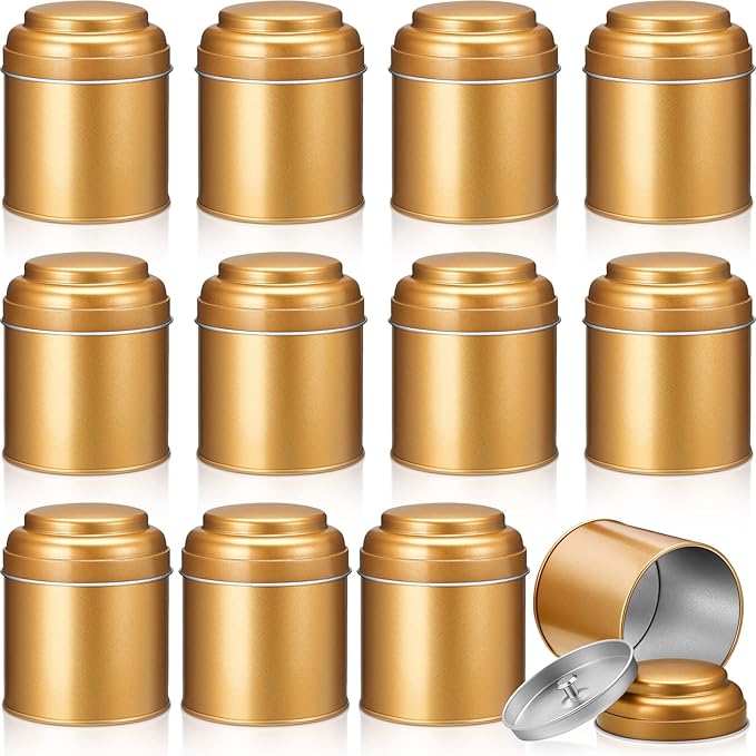 Meanplan 12 Pcs Tea Tin Canister with Airtight Double Lids Round Tin Can Box Small Kitchen Tea Canister Loose Leaf Storage Containers for Loose Bags Coffee Sugar Candy Spices(Bronze Gold,8 oz)