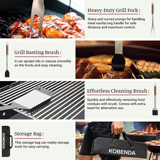 BBQ Grill Tools Set, Stainless Steel Grilling Set with Storage Bag, Spatula, Fork, Cleaning Brush Grill Set, Grill Accessories for Outdoor Cooking Camping, Grilling Gifts for Men