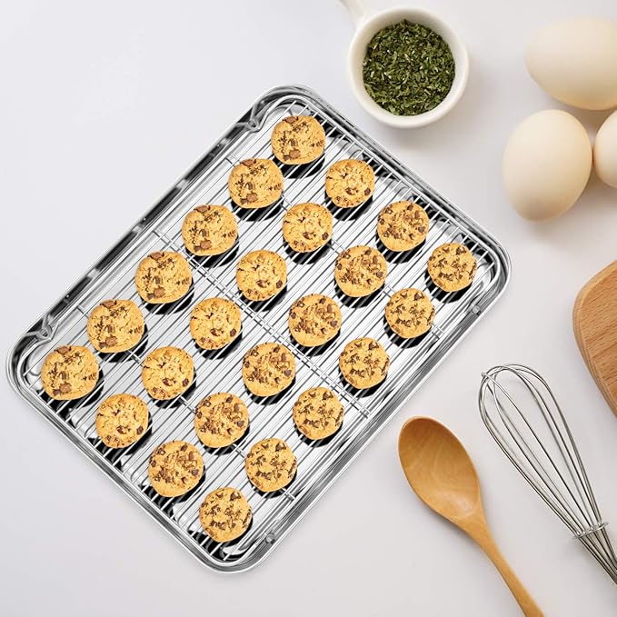 Wildone Baking Sheet & Rack Set [2 Sheets + 2 Racks], Stainless Steel Cookie Pan with Cooling Rack, Size 17.3 x 12.2 x 1 Inch, Non Toxic & Heavy Duty & Easy Clean