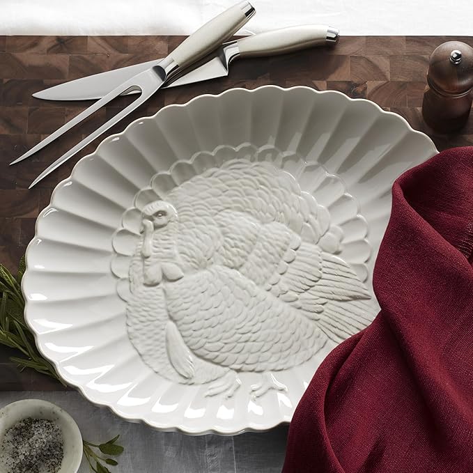 Lenox Serveware, Lenox French Perle Carved Turkey Platter, Scalloped, Oval, 18-Inch, Stoneware, Dishwasher Safe, Turkey Platter for Thanksgiving, Winter Hosting, Christmas Serving (White, 1 Piece)