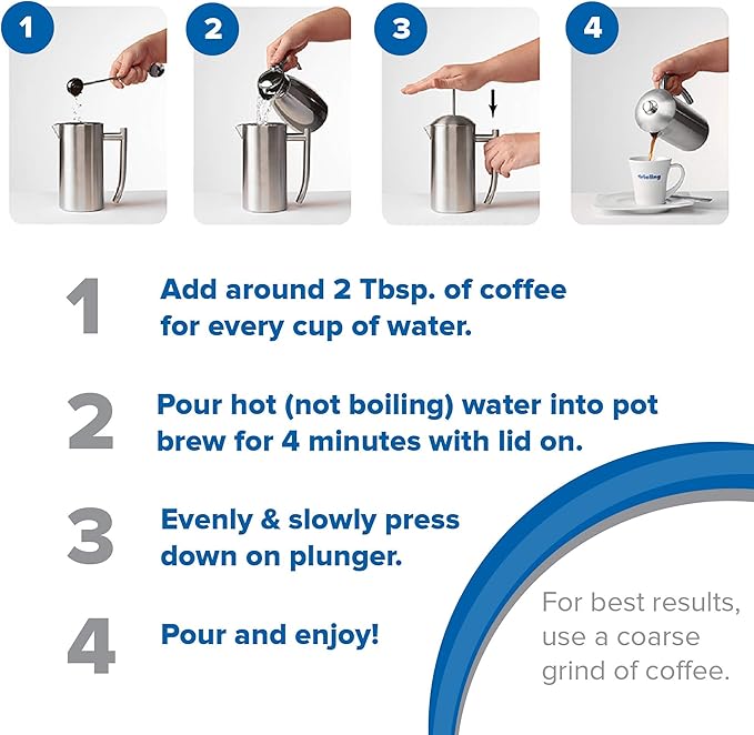 Frieling Double-Walled Stainless Steel French Press Coffee Maker - 44 oz, Polished, Extra Large Stainless Steel Coffee Press for Commercial Use - Camping Coffee Makers & Tea Press