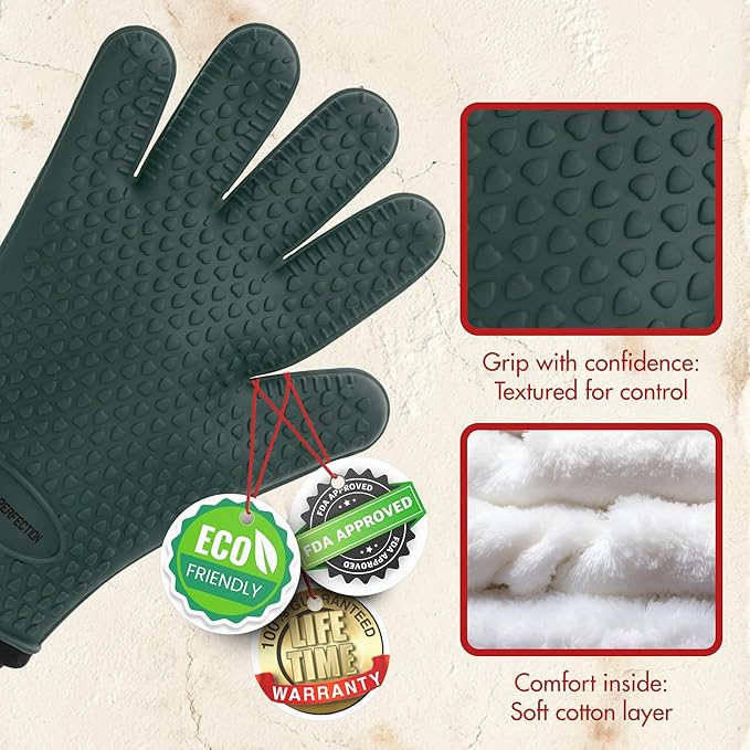 KITCHEN PERFECTION XL Silicone Oven & Griddle Gloves -Extreme Heat Resistant BBQ & Grilling Gloves -Handle Hot Food Right on Your Griddle |Waterproof Oven Mitts Grill Gloves |Superior Set+3 Bonuses