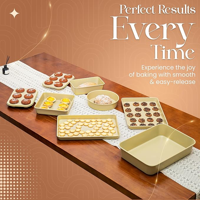 Nonstick Bakeware Set 8 Piece - Stackable Baking Pan Set, Oven safe 450°F, Carbon Steel Baking Set with Muffin, Loaf, Cookie Sheets & Roaster, Easy Storage, BPA-Free (Beige)