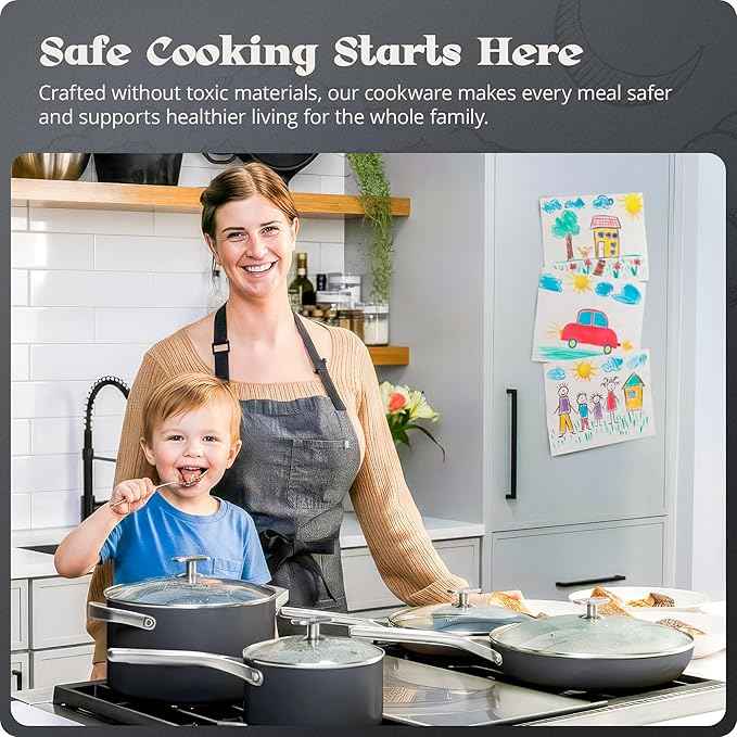 Premium Non-Toxic Ceramic Cookware Set – Triple-Layer Nonstick 12 Piece Pots and Pans with Lids, PFAS-Free, Oven Safe for Healthy Meals, Space-Saving Design, Midnight Gray Color | Greater Goods