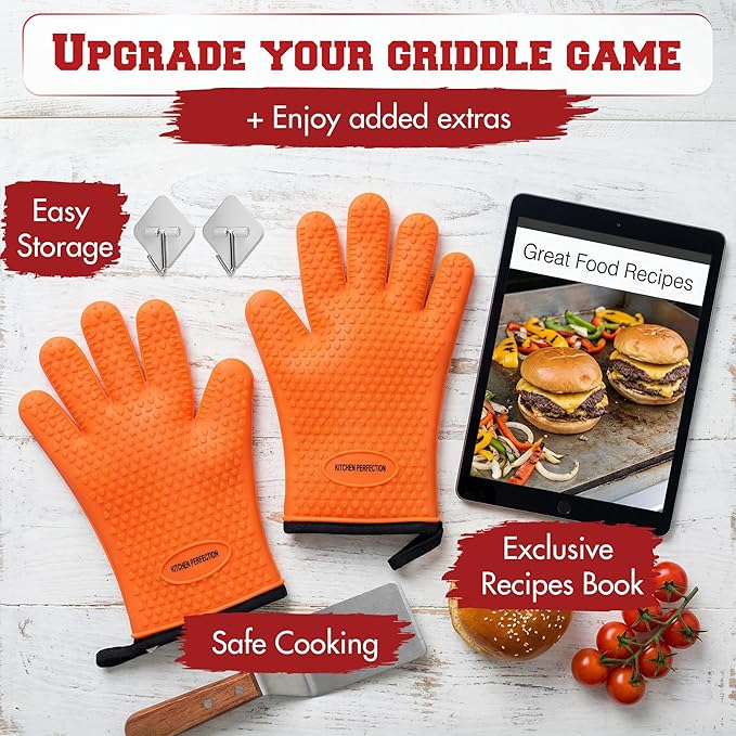 KITCHEN PERFECTION XL Silicone Oven & Griddle Gloves -Extreme Heat Resistant BBQ & Grilling Gloves -Handle Hot Food Right on Your Griddle |Waterproof Oven Mitts Grill Gloves |Superior Set+3 Bonuses
