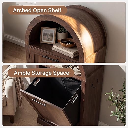 Seang Arched Tilt-Out Trash Can Cabinet,Laundry Hamper Cabinet with Foldable Laundry Basket,Wooden Hidden Garbage Can Cabinets with Metal Handle & Hooks,Walnut