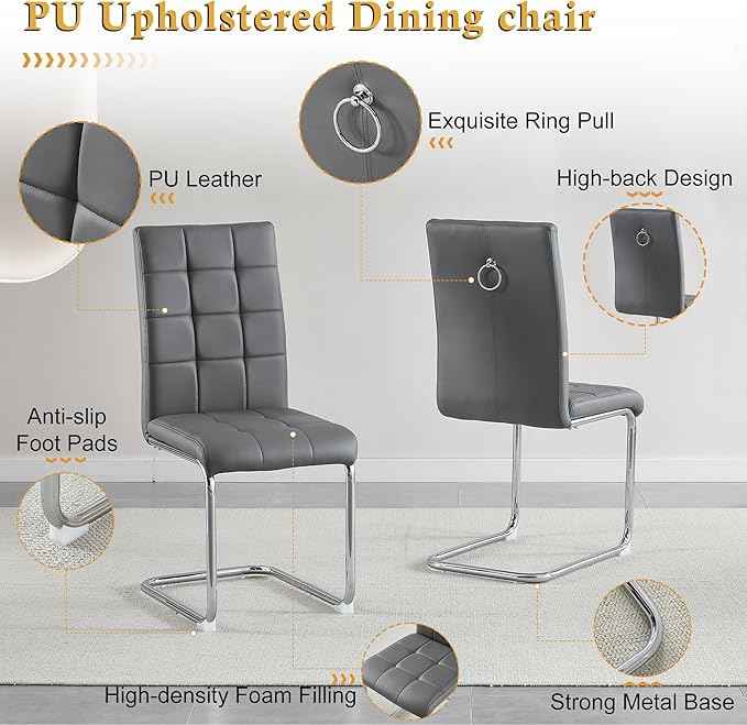 AF ARTISAN FURNITURE 53'' Glass Dining Table Set for 4, Kitchen Table Chairs Set of 4, Clear Silver Glass Dining Tables with Stainless Steel Legs, 4 Grey PU Dining Chairs, Living Room, Kitchen